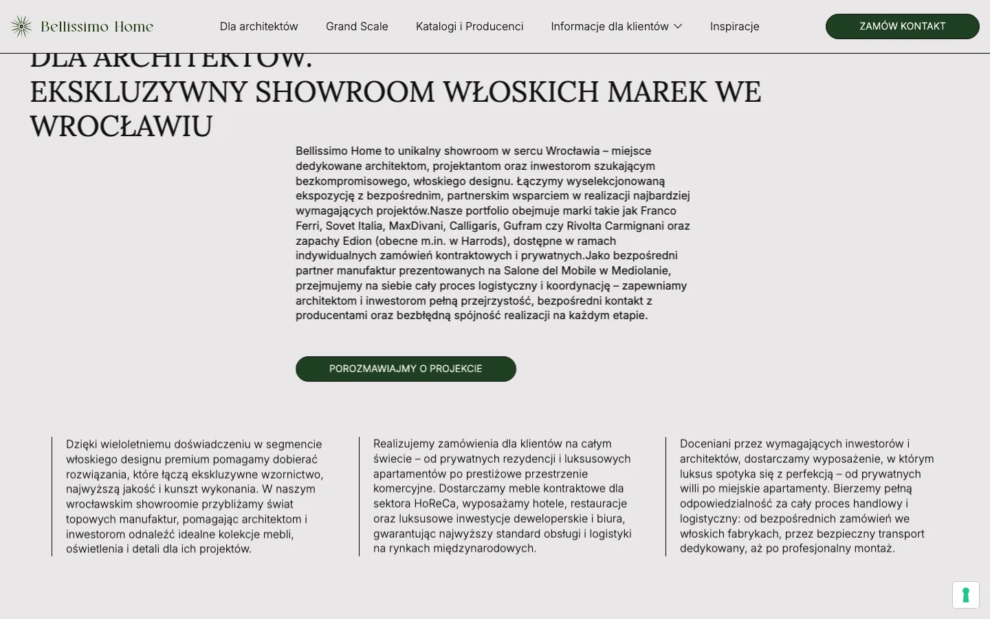 Bellissimo Home homepage, scrolled