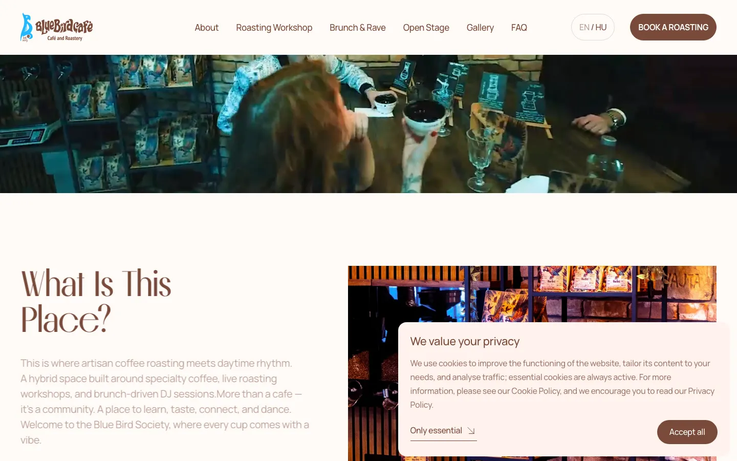 BlueBird Cafe homepage, scrolled