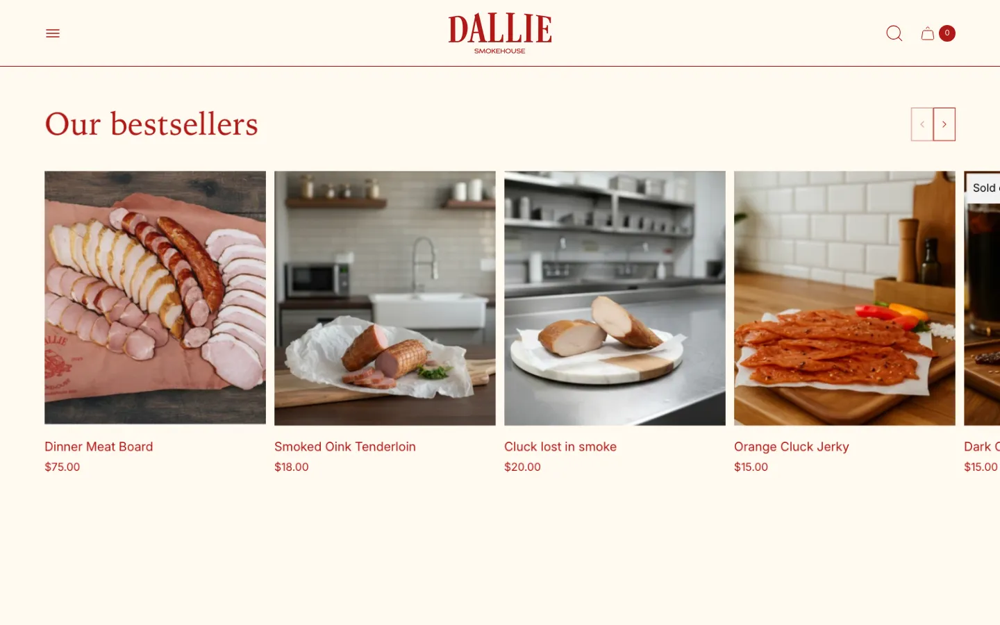 Dallie Smokehouse homepage, scrolled