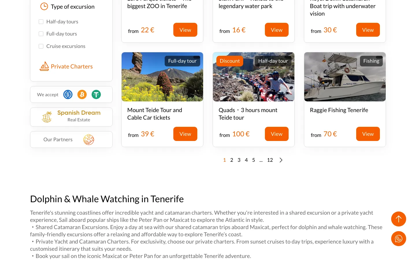 Excursions Tenerife homepage, scrolled