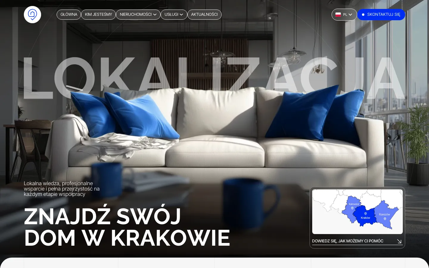 Lokalizacja homepage with the slogan “Znajdź swój dom w Krakowie” and a map of the regions served