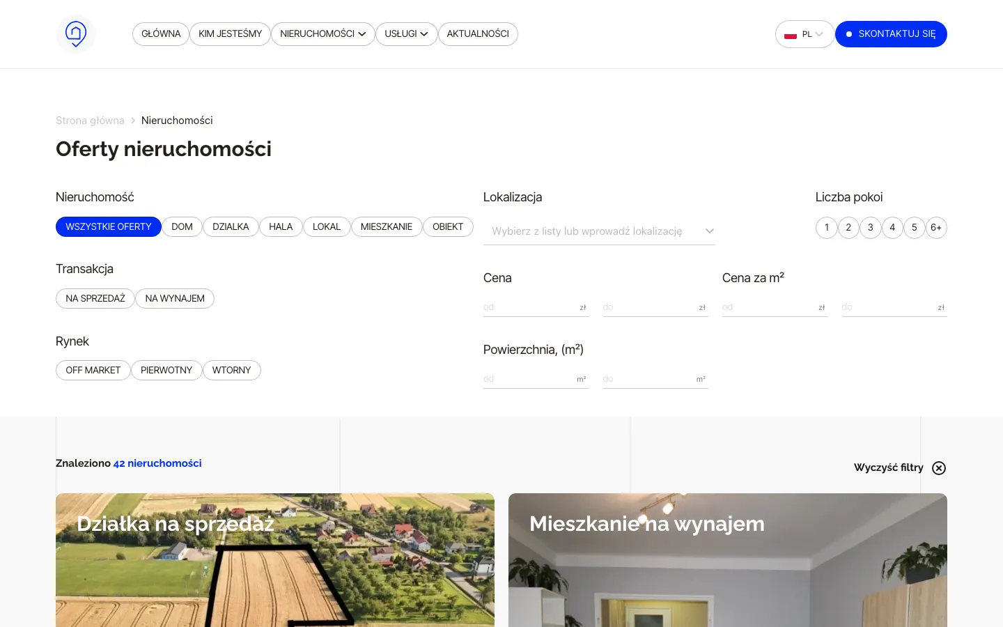 Lokalizacja property catalogue with filters and the results count