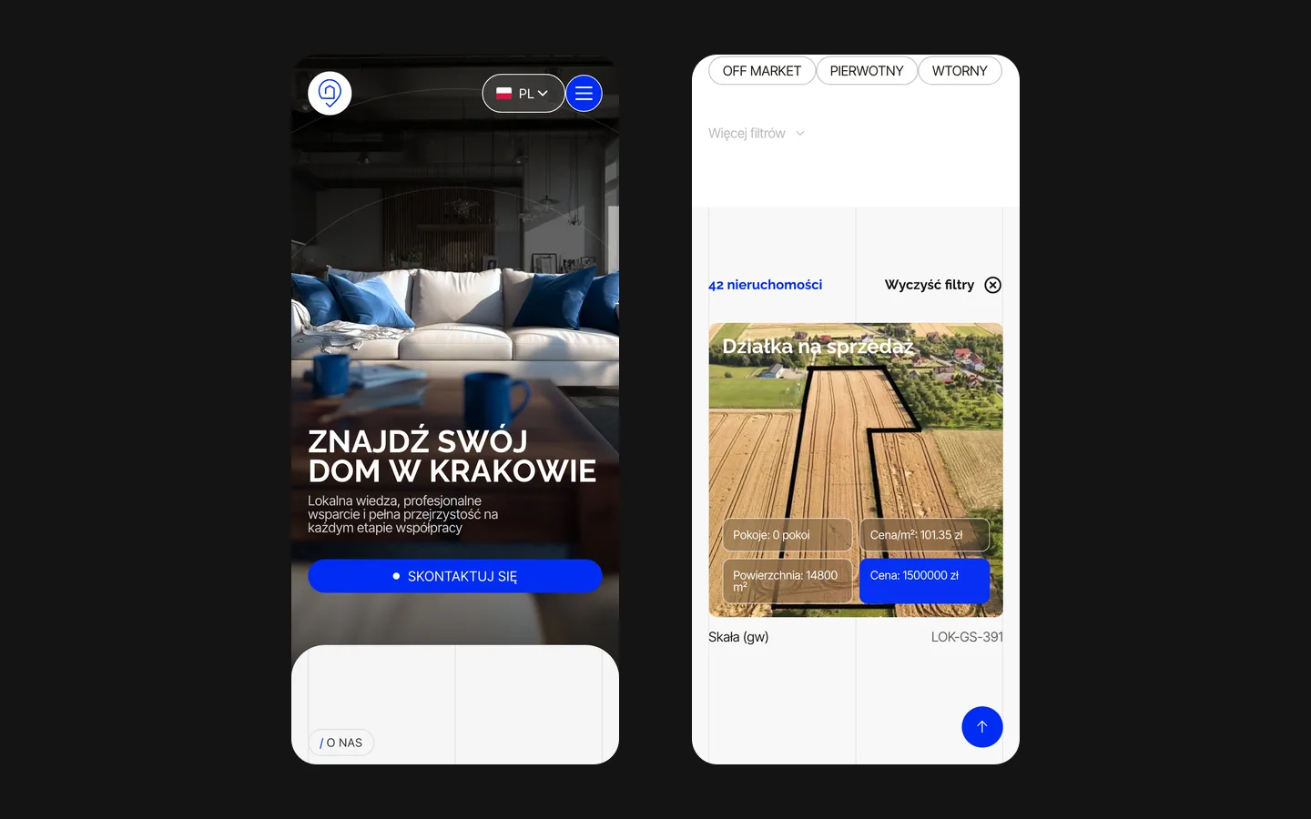 Lokalizacja homepage and property catalogue on a phone