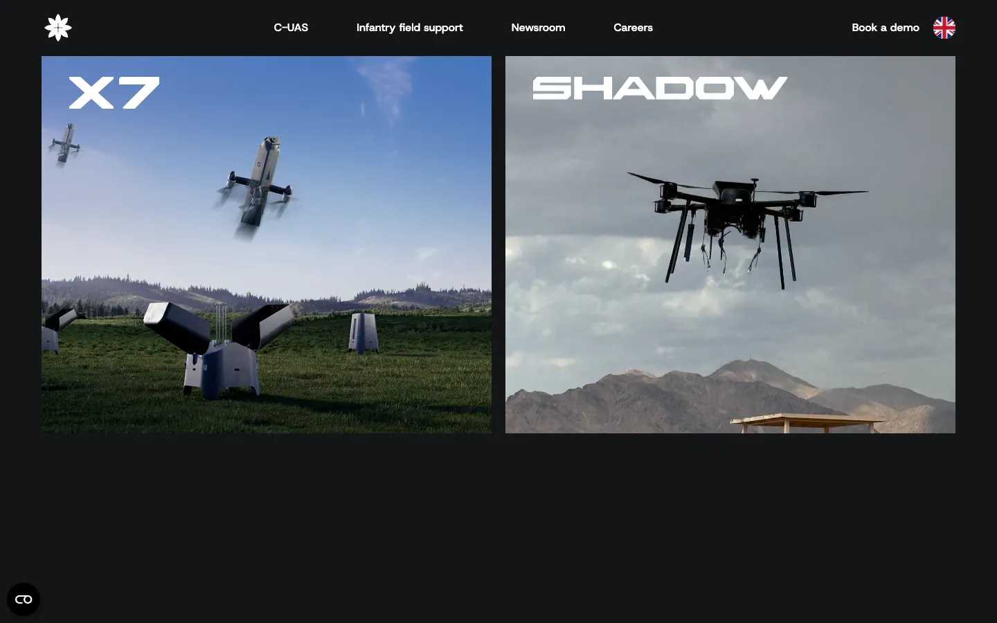 OM Defence Systems homepage, scrolled